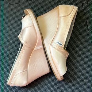 Light pink satin TOMS wedges